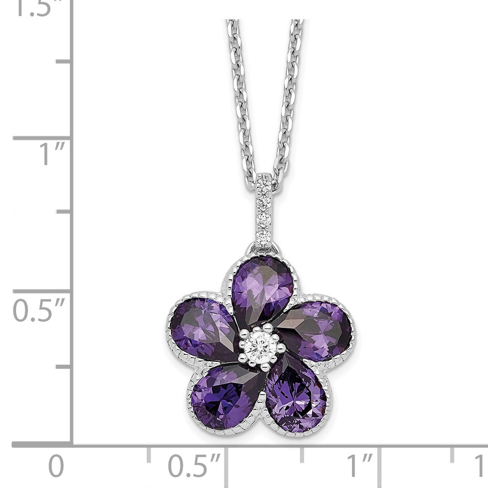 Sterling Silver Cheryl M Rhodium-Plated Purple And White Brilliant-Cut Cz Flower 16 Inch Necklace With 2 Extender
