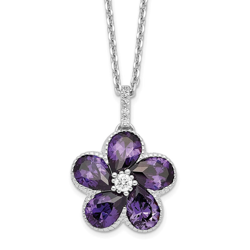 Sterling Silver Cheryl M Rhodium-Plated Purple And White Brilliant-Cut Cz Flower 16 Inch Necklace With 2 Extender