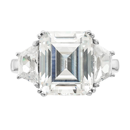 Sterling Silver Cheryl M Rhodium-Plated Fancy Emerald-Cut And Brilliant-Cut Cz 3 Stone Ring