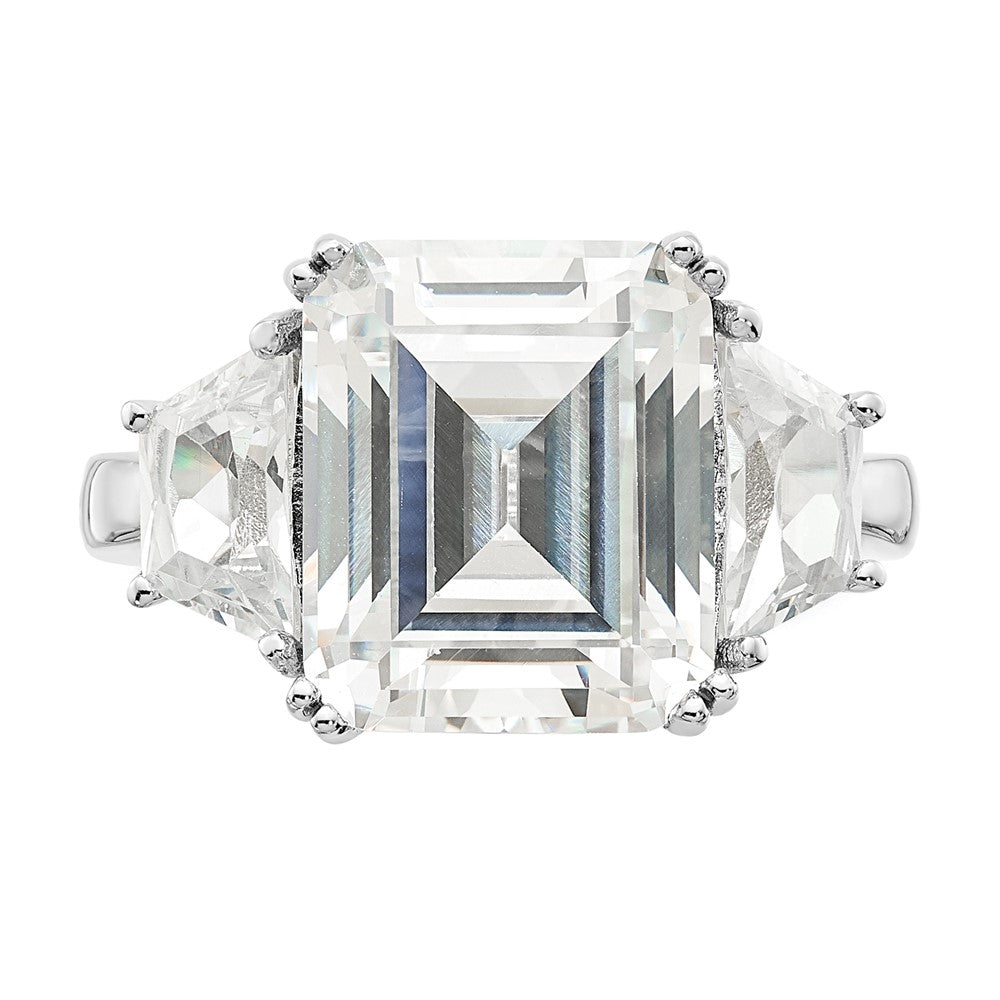 Sterling Silver Cheryl M Rhodium-Plated Fancy Emerald-Cut And Brilliant-Cut Cz 3 Stone Ring
