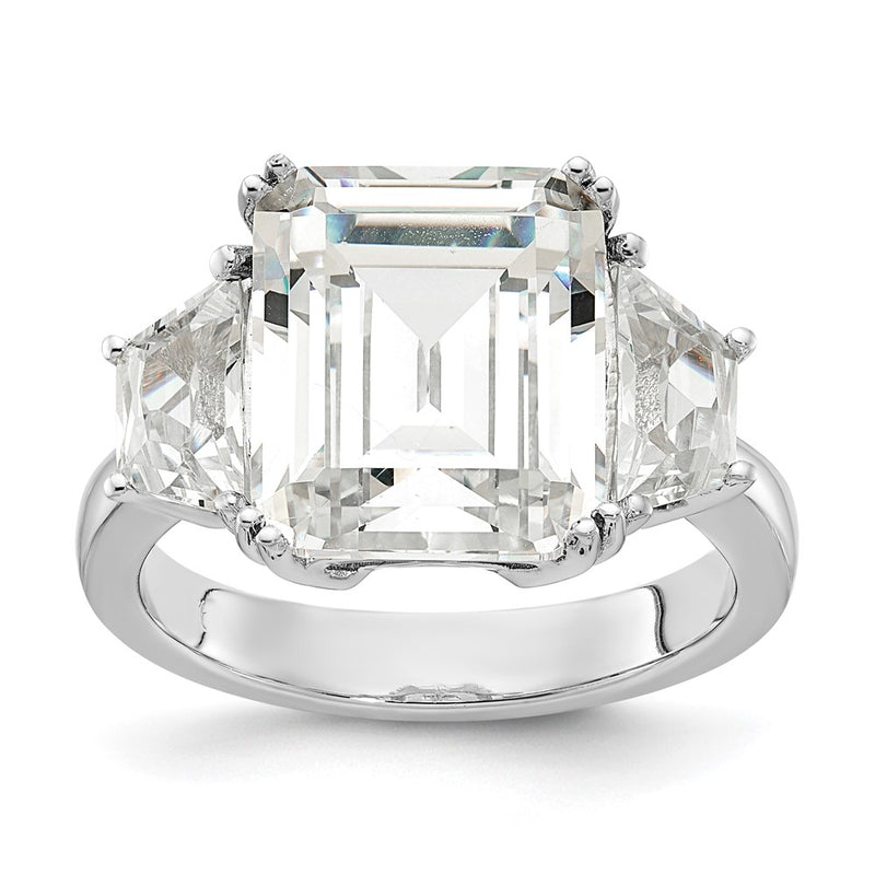 Sterling Silver Cheryl M Rhodium-Plated Fancy Emerald-Cut And Brilliant-Cut Cz 3 Stone Ring