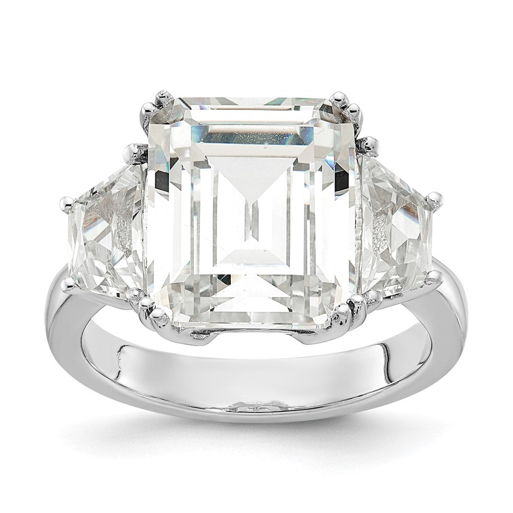 Sterling Silver Cheryl M Rhodium-Plated Fancy Emerald-Cut And Brilliant-Cut Cz 3 Stone Ring
