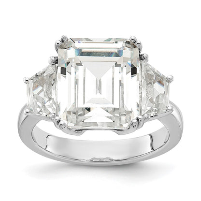 Sterling Silver Cheryl M Rhodium-Plated Fancy Emerald-Cut And Brilliant-Cut Cz 3 Stone Ring