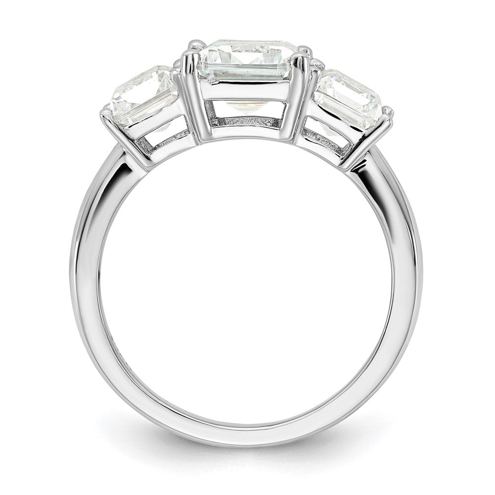 Sterling Silver Cheryl M Rhodium-Plated Emerald-Cut Cz 3 Stone Ring