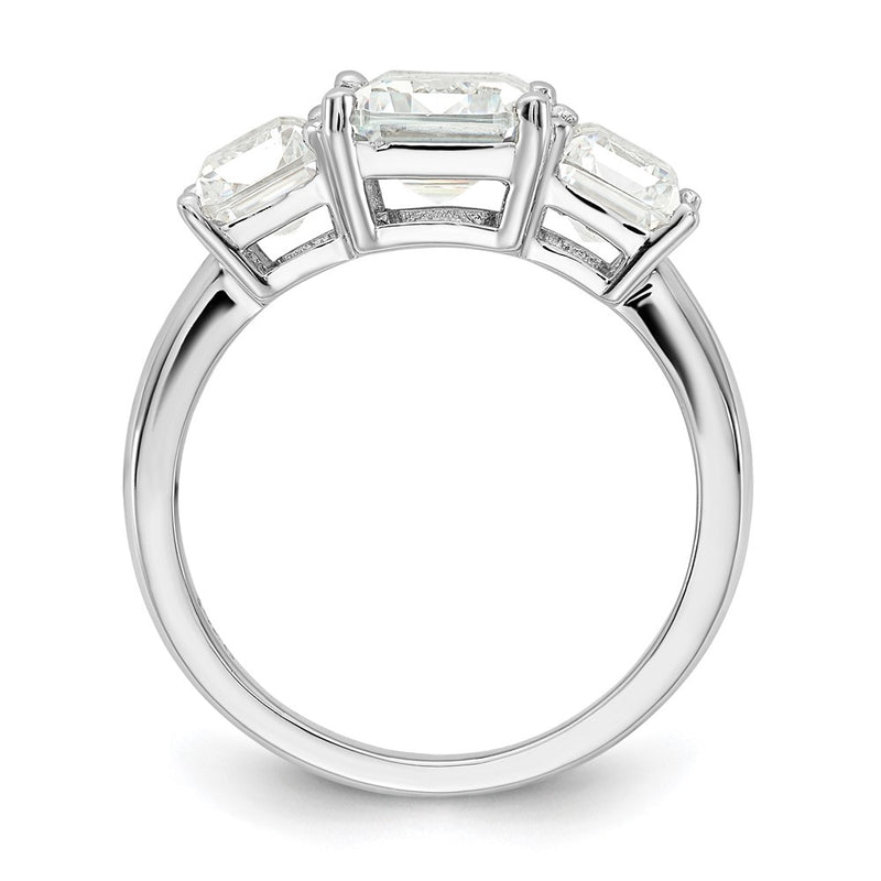 Sterling Silver Cheryl M Rhodium-Plated Emerald-Cut Cz 3 Stone Ring