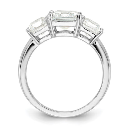 Sterling Silver Cheryl M Rhodium-Plated Emerald-Cut Cz 3 Stone Ring