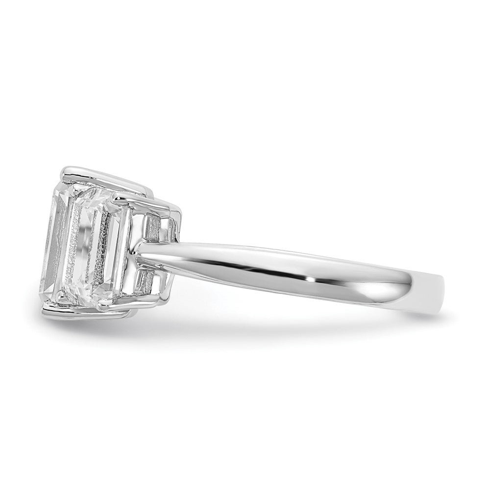 Sterling Silver Cheryl M Rhodium-Plated Emerald-Cut Cz 3 Stone Ring