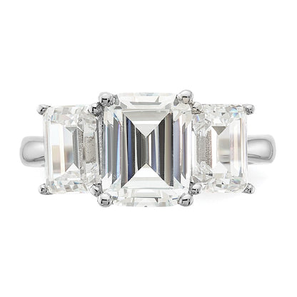 Sterling Silver Cheryl M Rhodium-Plated Emerald-Cut Cz 3 Stone Ring
