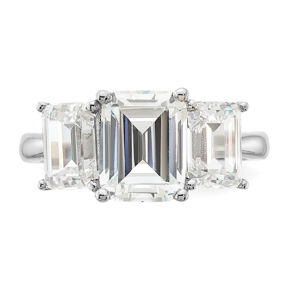 Sterling Silver Cheryl M Rhodium-Plated Emerald-Cut Cz 3 Stone Ring