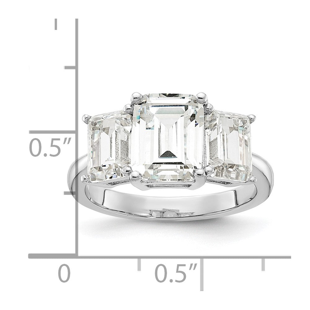 Sterling Silver Cheryl M Rhodium-Plated Emerald-Cut Cz 3 Stone Ring