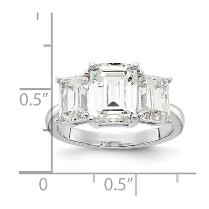Sterling Silver Cheryl M Rhodium-Plated Emerald-Cut Cz 3 Stone Ring
