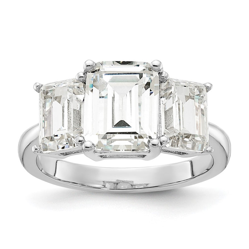 Sterling Silver Cheryl M Rhodium-Plated Emerald-Cut Cz 3 Stone Ring