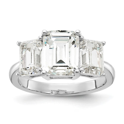 Sterling Silver Cheryl M Rhodium-Plated Emerald-Cut Cz 3 Stone Ring