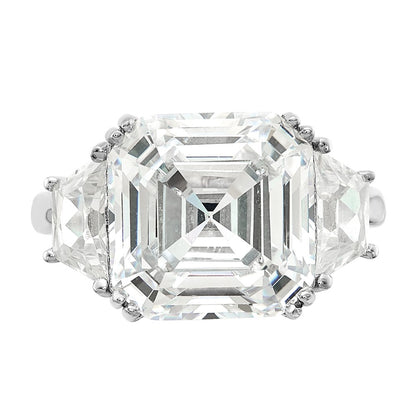 Sterling Silver Cheryl M Rhodium-Plated Asscher-Cut And Brilliant-Cut Cz 3 Stone Ring