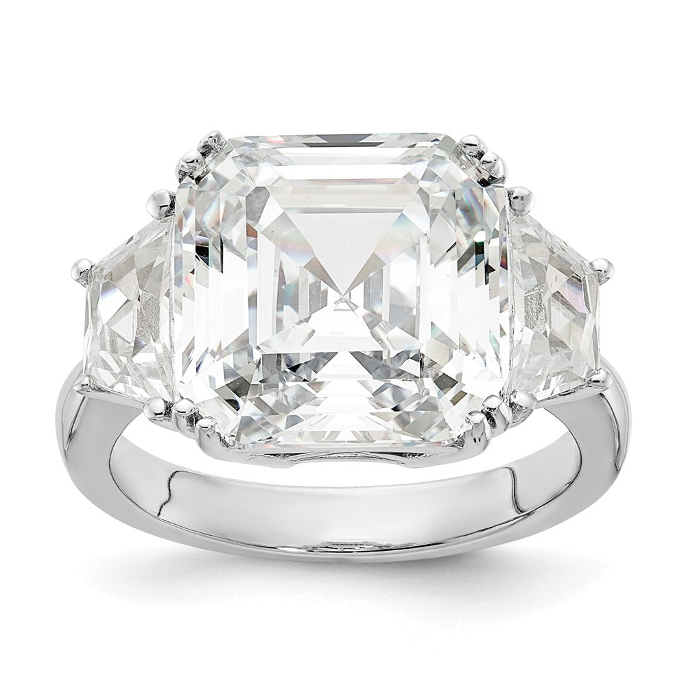 Sterling Silver Cheryl M Rhodium-Plated Asscher-Cut And Brilliant-Cut Cz 3 Stone Ring