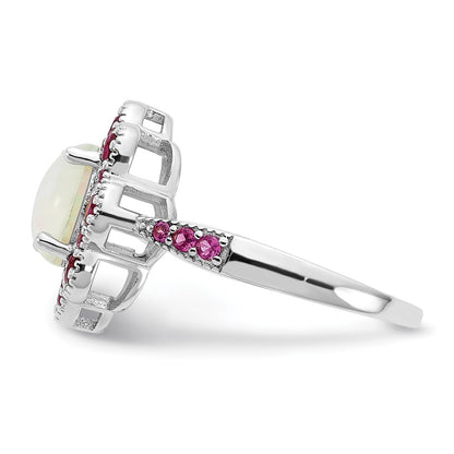 Sterling Silver Cheryl M Rhodium-Plated Cabochon Lab Created Opal And Brilliant-Cut Red Nano Crystal Flower Ring