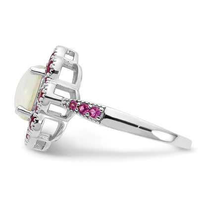 Sterling Silver Cheryl M Rhodium-Plated Cabochon Lab Created Opal And Brilliant-Cut Red Nano Crystal Flower Ring