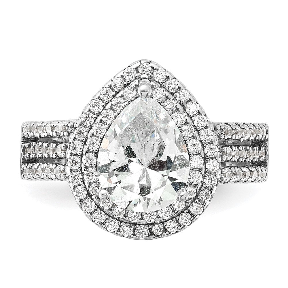 Sterling Silver Cheryl M Rhodium-Plated Brilliant-Cut Pear Cz Double Halo Ring