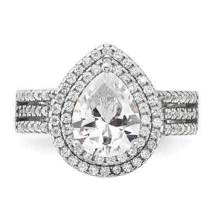 Sterling Silver Cheryl M Rhodium-Plated Brilliant-Cut Pear Cz Double Halo Ring