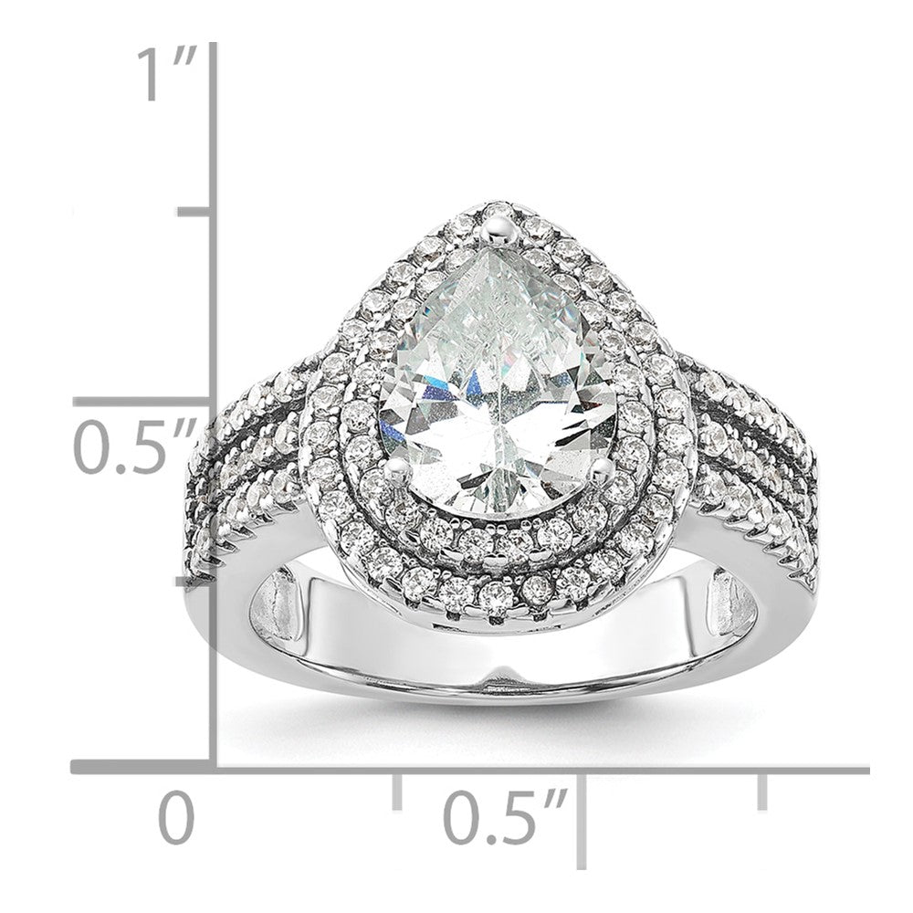 Sterling Silver Cheryl M Rhodium-Plated Brilliant-Cut Pear Cz Double Halo Ring