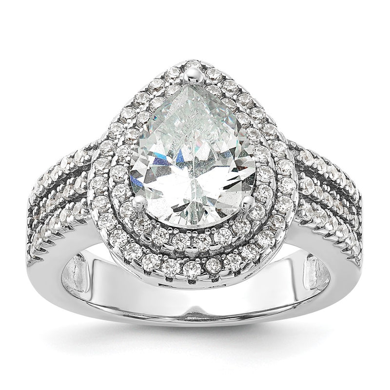 Sterling Silver Cheryl M Rhodium-Plated Brilliant-Cut Pear Cz Double Halo Ring