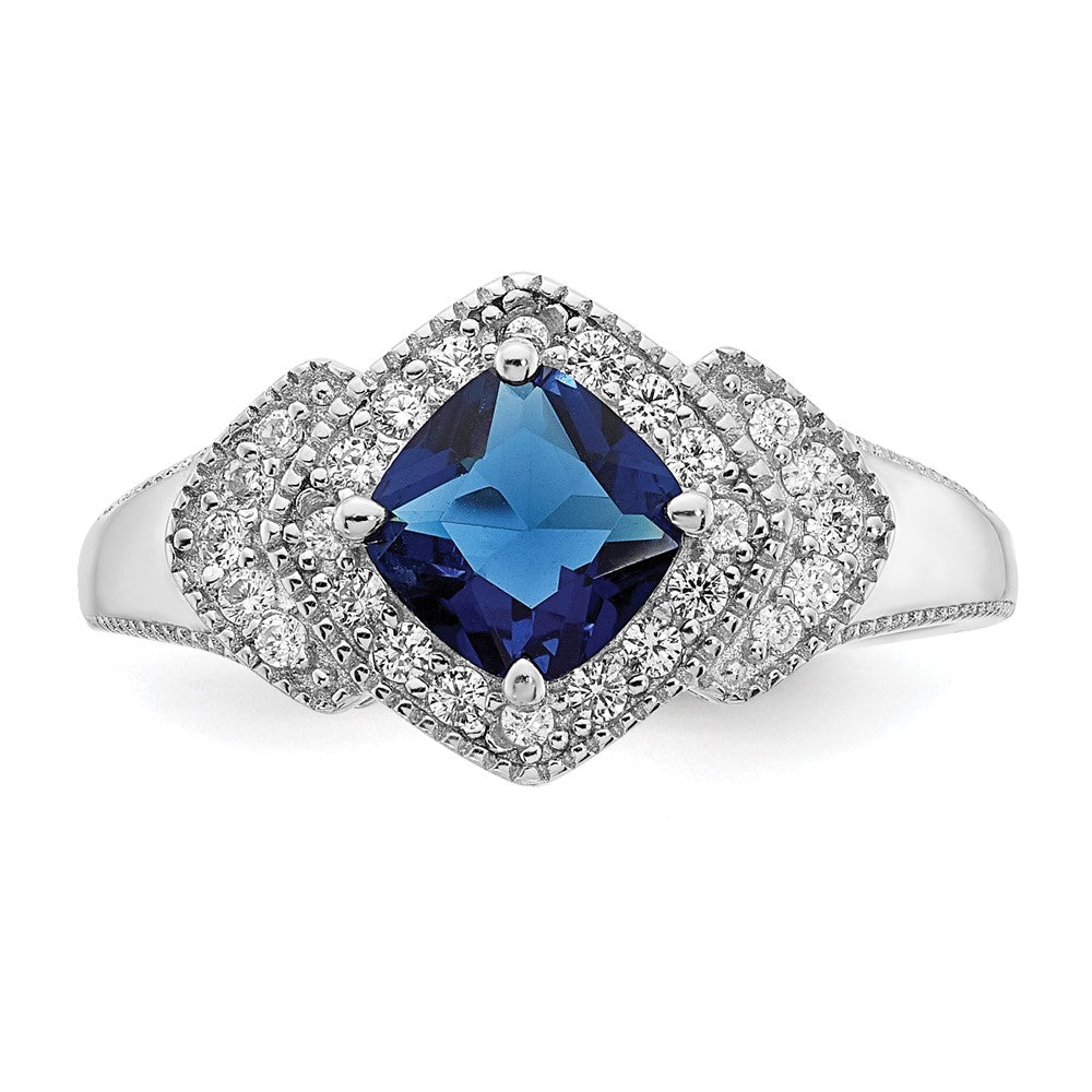 Sterling Silver Cheryl M Rhodium-Plated Fancy Cushion-Cut Blue Glass And Brilliant-Cut White Cz Ring