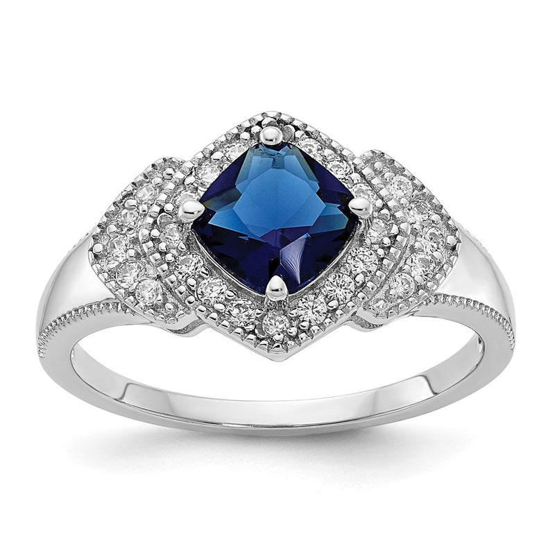 Sterling Silver Cheryl M Rhodium-Plated Fancy Cushion-Cut Blue Glass And Brilliant-Cut White Cz Ring