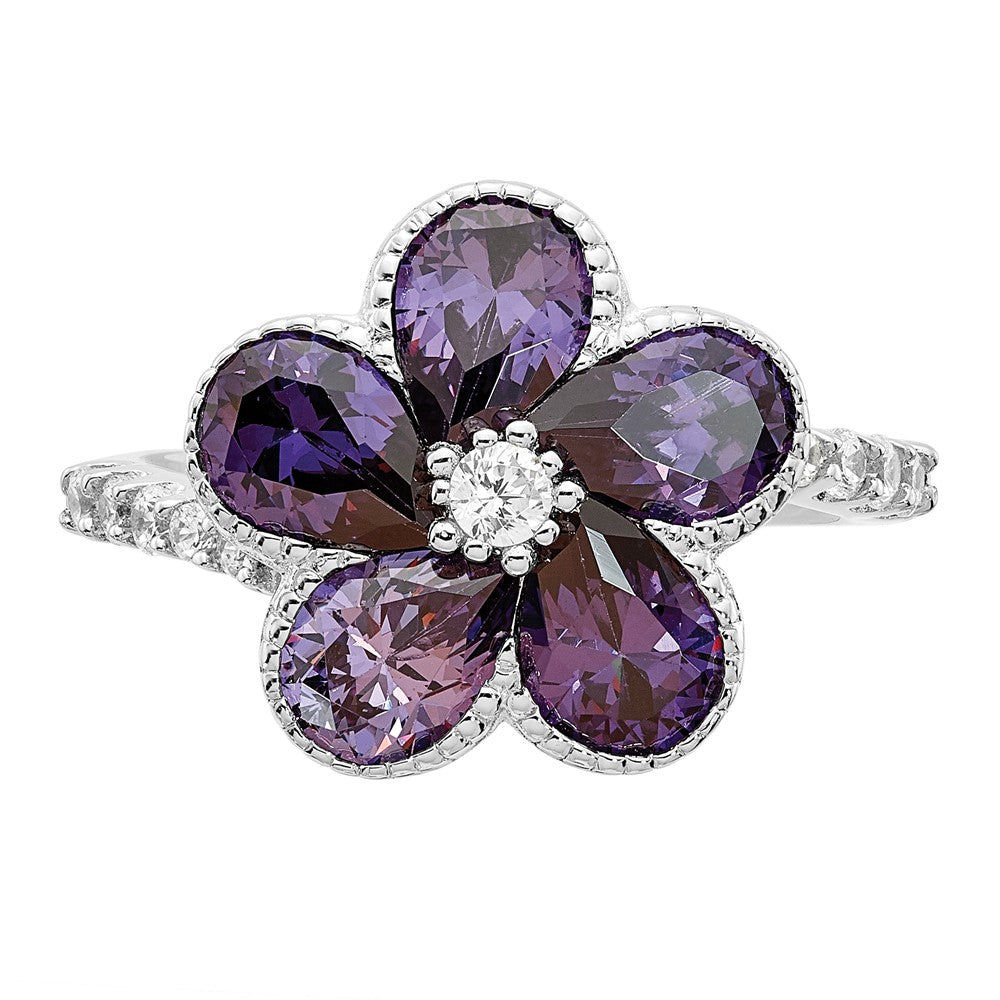 Sterling Silver Cheryl M Rhodium-Plated Purple And White Brilliant-Cut Cz Flower Ring