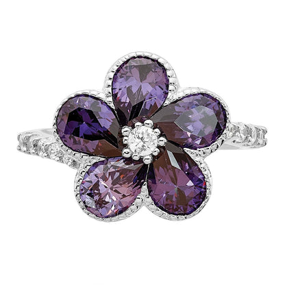 Sterling Silver Cheryl M Rhodium-Plated Purple And White Brilliant-Cut Cz Flower Ring