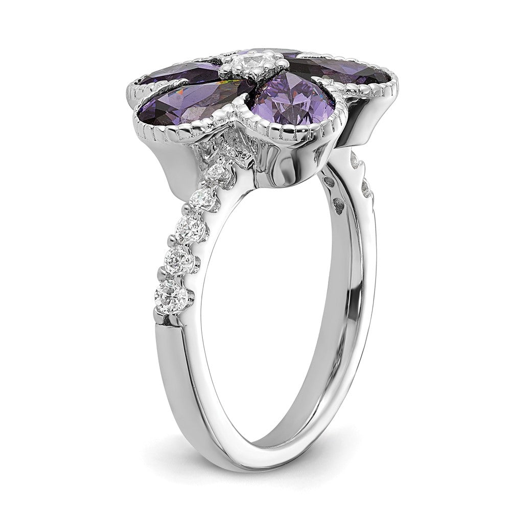 Sterling Silver Cheryl M Rhodium-Plated Purple And White Brilliant-Cut Cz Flower Ring