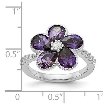 Sterling Silver Cheryl M Rhodium-Plated Purple And White Brilliant-Cut Cz Flower Ring