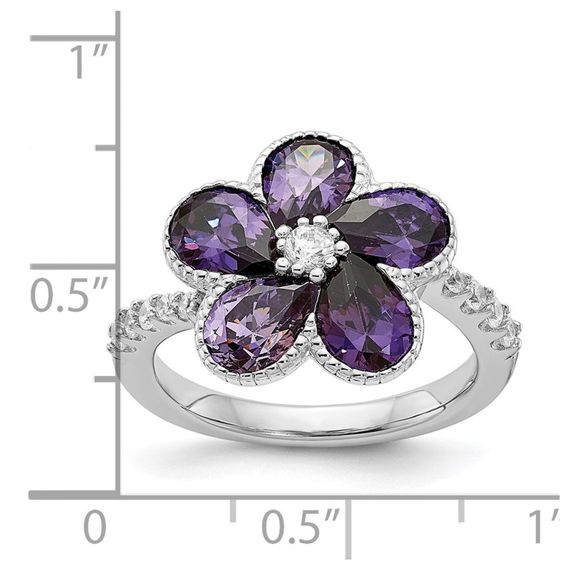 Sterling Silver Cheryl M Rhodium-Plated Purple And White Brilliant-Cut Cz Flower Ring