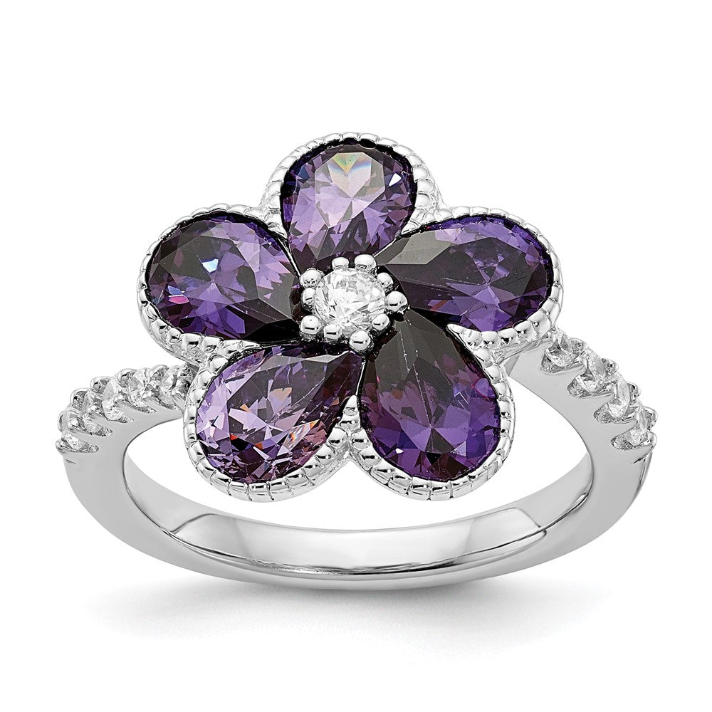 Sterling Silver Cheryl M Rhodium-Plated Purple And White Brilliant-Cut Cz Flower Ring