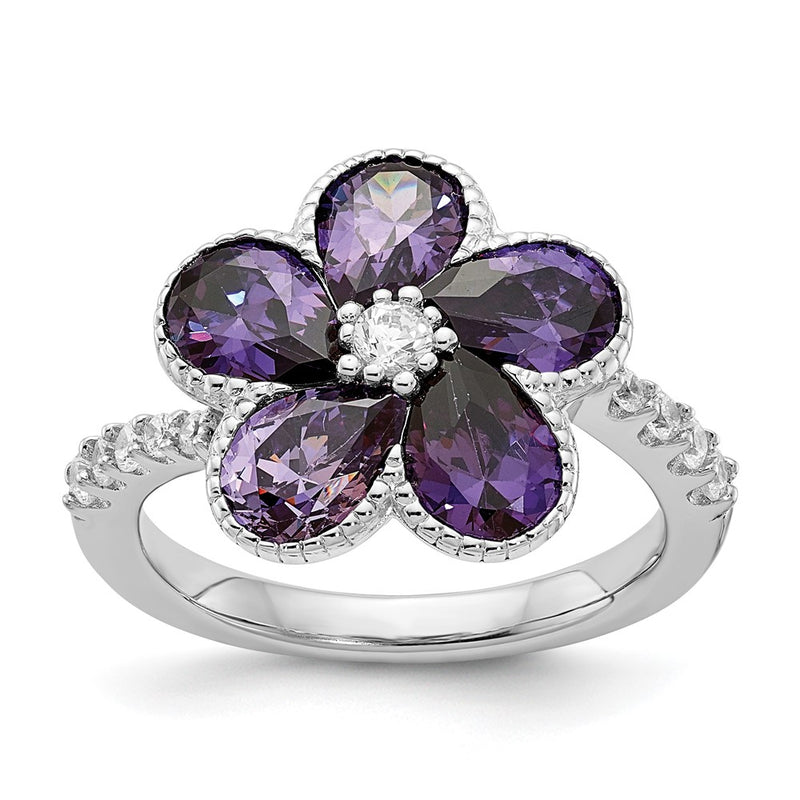 Sterling Silver Cheryl M Rhodium-Plated Purple And White Brilliant-Cut Cz Flower Ring