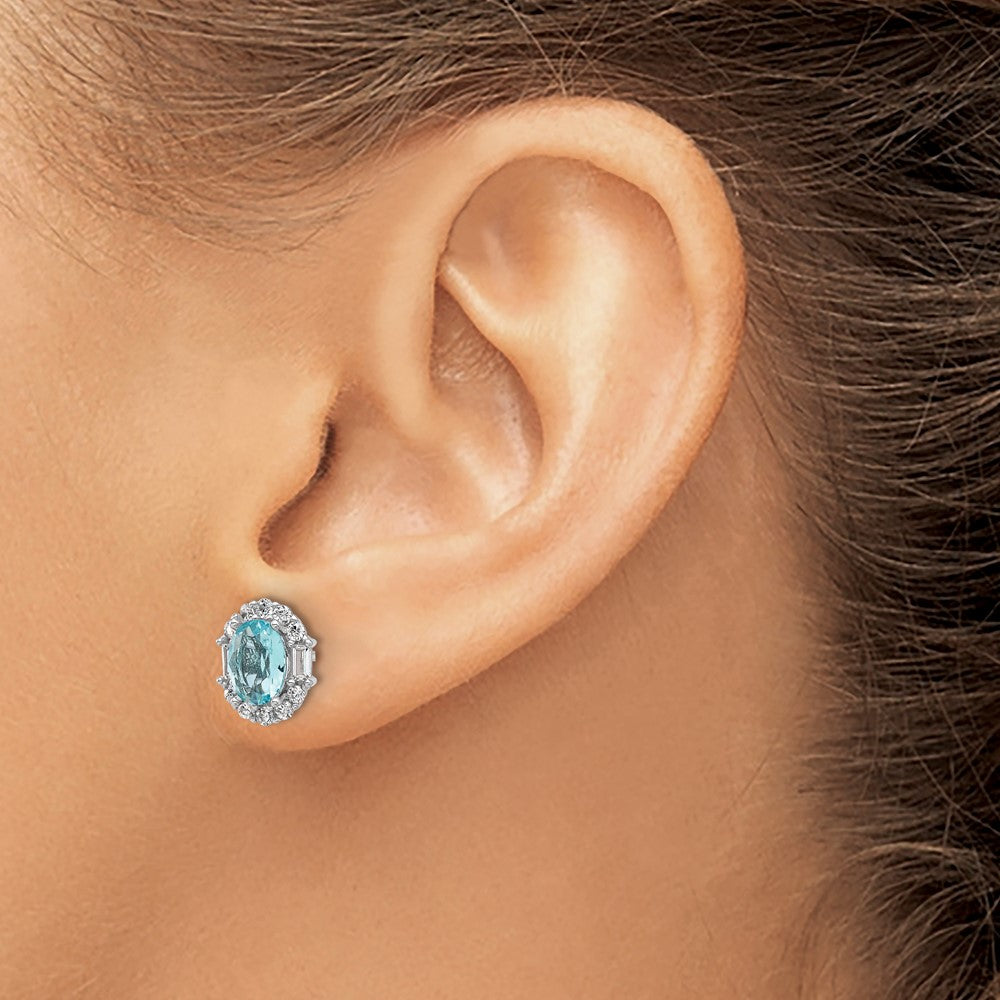 Sterling Silver Cheryl M Rhod-Pltd Blue & Clear Oval CZ Post Earrings