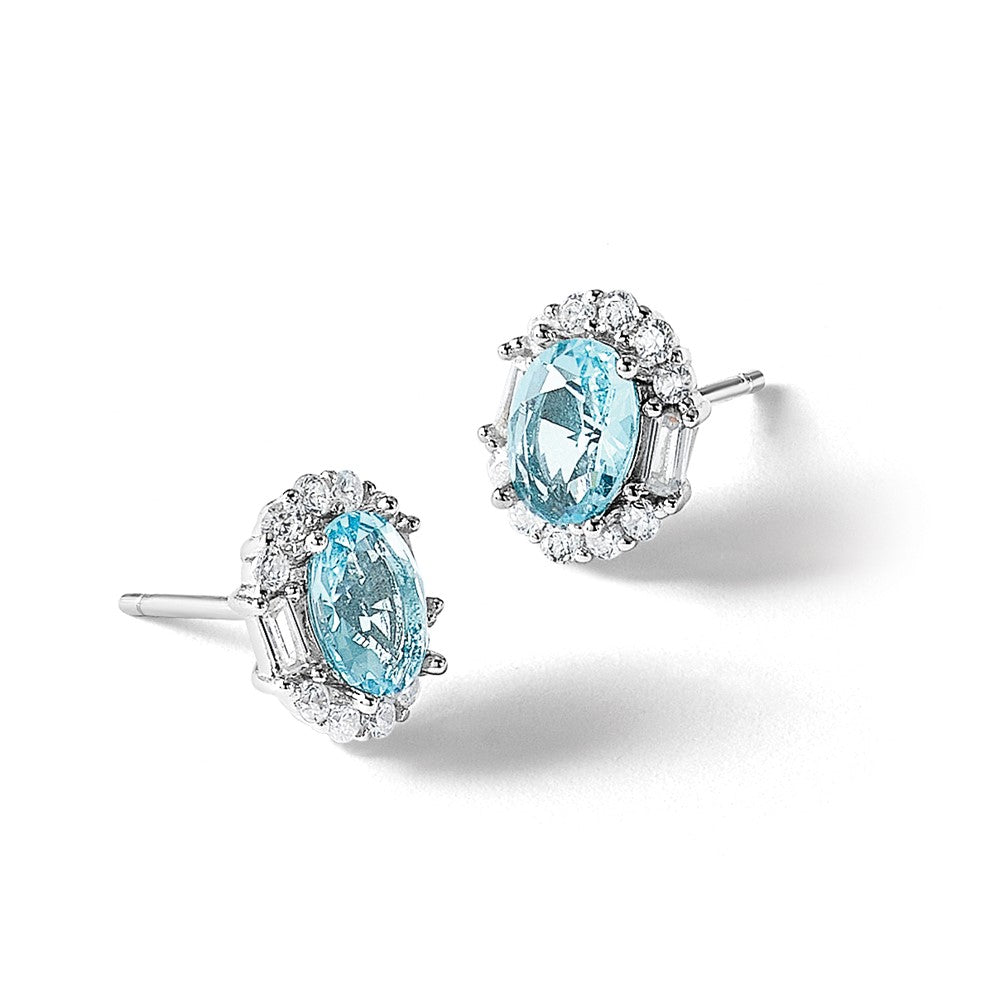 Sterling Silver Cheryl M Rhod-Pltd Blue & Clear Oval CZ Post Earrings