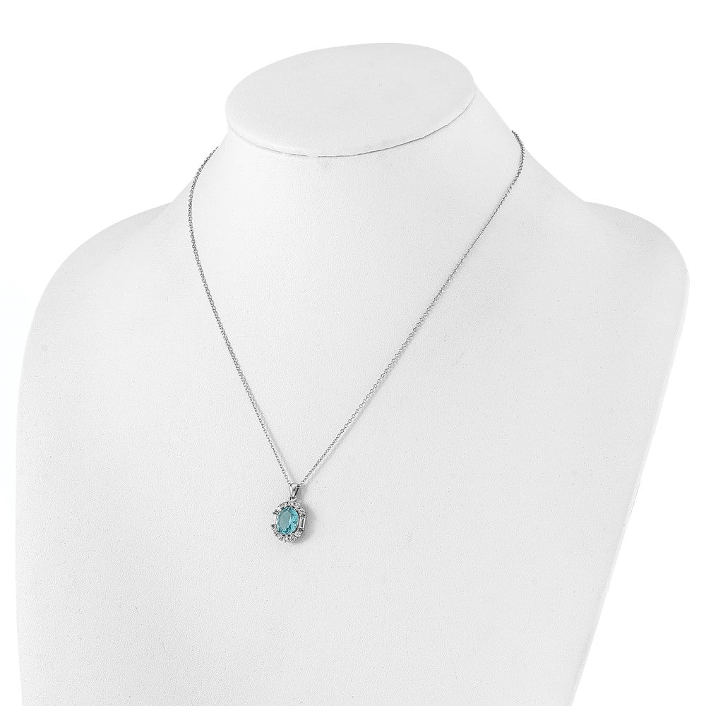 Sterling Silver Cheryl M Rhodium Plated Oval Blue & Clear CZ w/2in Ext. Necklace