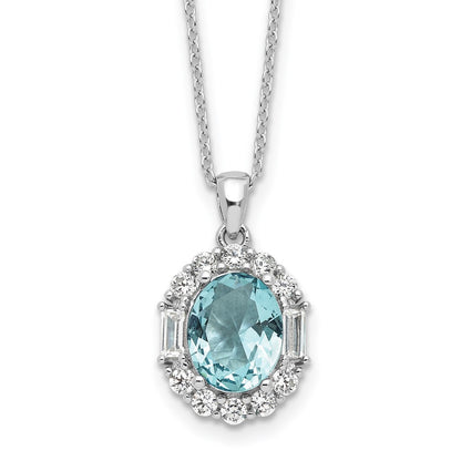 Sterling Silver Cheryl M Rhodium Plated Oval Blue & Clear CZ w/2in Ext. Necklace