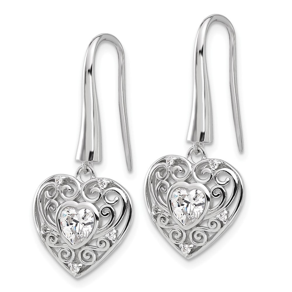Sterling Silver Cheryl M Rhodium-Plated CZ Heart Dangle Earrings