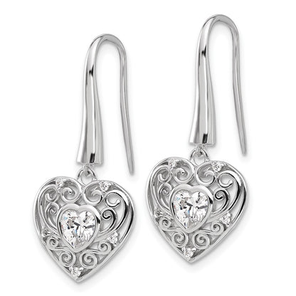 Sterling Silver Cheryl M Rhodium-Plated CZ Heart Dangle Earrings