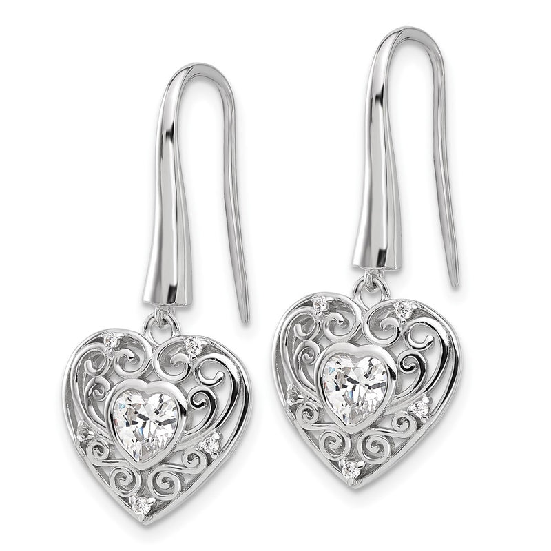 Sterling Silver Cheryl M Rhodium-Plated CZ Heart Dangle Earrings