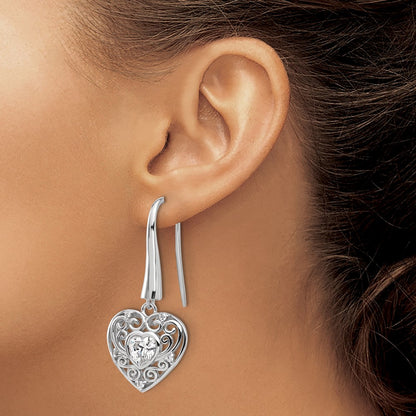 Sterling Silver Cheryl M Rhodium-Plated CZ Heart Dangle Earrings
