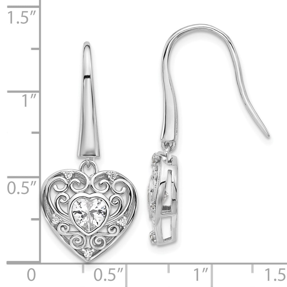 Sterling Silver Cheryl M Rhodium-Plated CZ Heart Dangle Earrings
