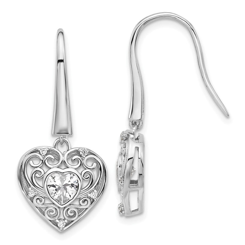 Sterling Silver Cheryl M Rhodium-Plated CZ Heart Dangle Earrings