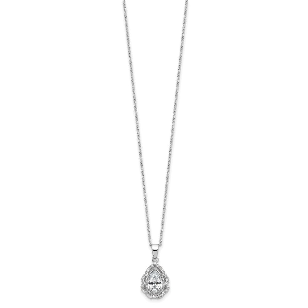 Sterling Silver Cheryl M Rhodium Plated CZ Teardrop w/2in Ext. Necklace