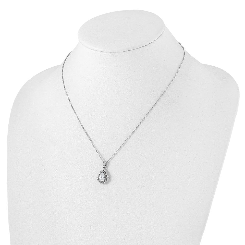 Sterling Silver Cheryl M Rhodium Plated CZ Teardrop w/2in Ext. Necklace