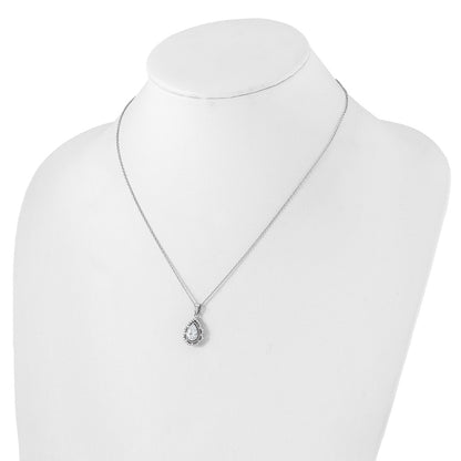 Sterling Silver Cheryl M Rhodium Plated CZ Teardrop w/2in Ext. Necklace