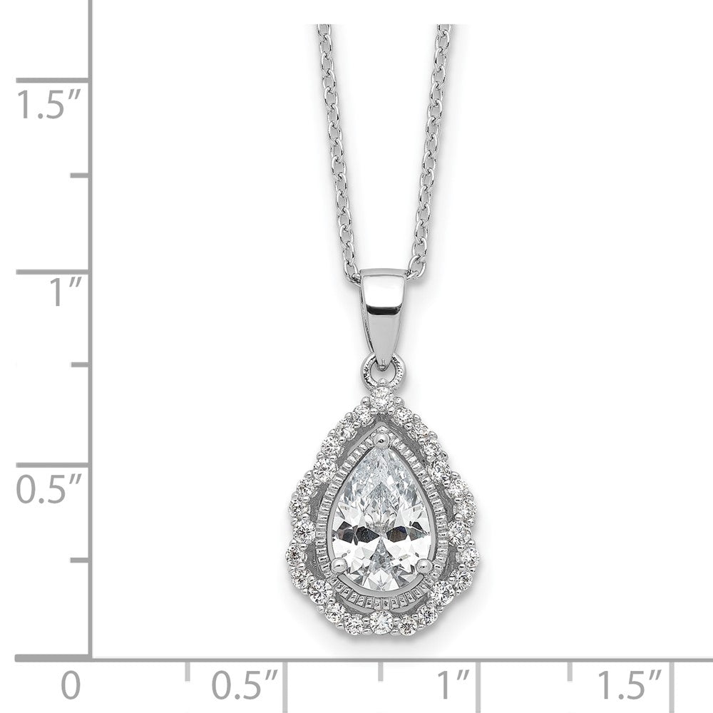 Sterling Silver Cheryl M Rhodium Plated CZ Teardrop w/2in Ext. Necklace