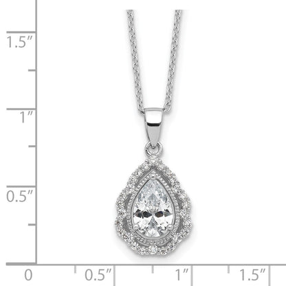 Sterling Silver Cheryl M Rhodium Plated CZ Teardrop w/2in Ext. Necklace