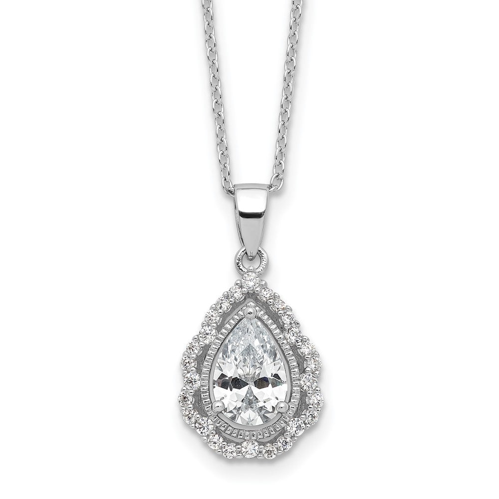 Sterling Silver Cheryl M Rhodium Plated CZ Teardrop w/2in Ext. Necklace